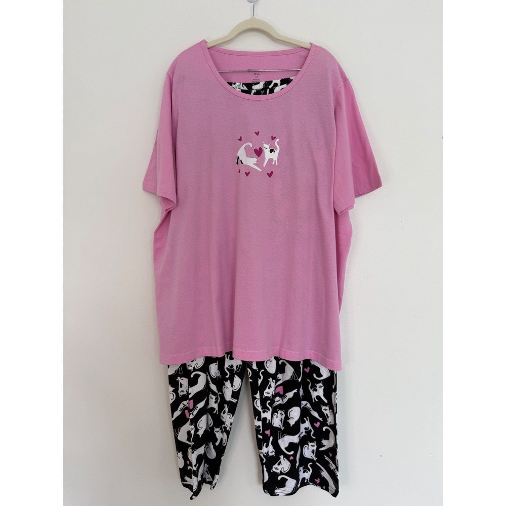 Dreams & Co Women's 2Pc Pajama Pant Set 1X 22/24 Pink Black Playful Cats Hearts